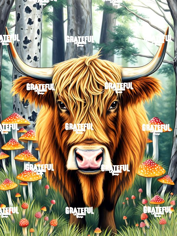 Highland Cow with Mushrooms