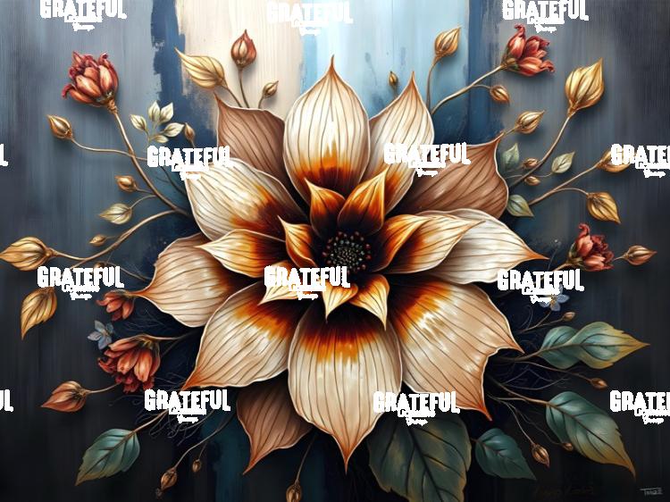 Copper and Gold Dahlia On A Blue Wood Panel