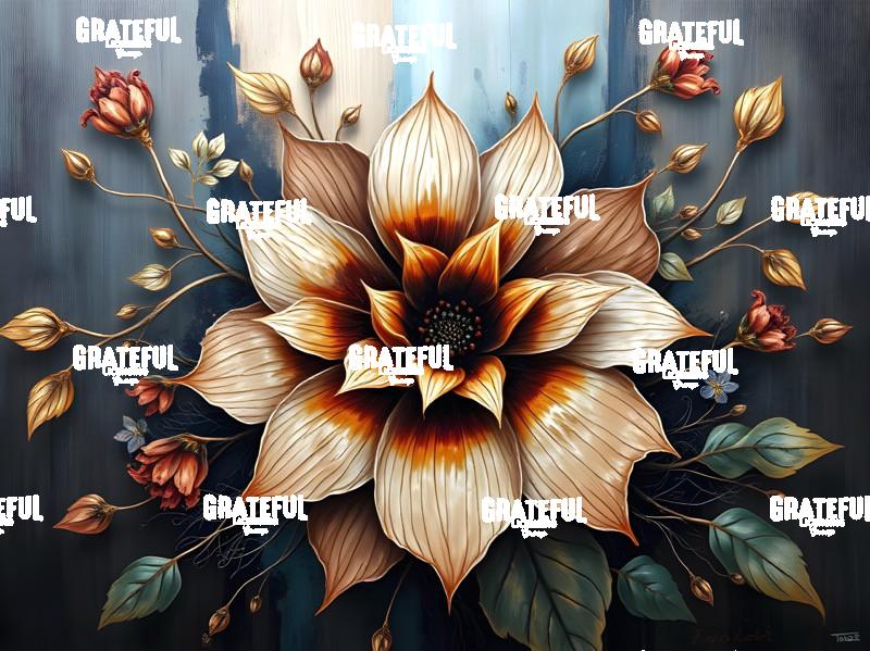 Copper and Gold Dahlia On A Blue Wood Panel