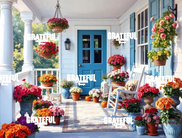 Puppy In a Rocking Chair on A Blue and White Front Porch