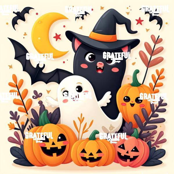Cute Witchy Black Cat and Ghost With Pumpkins