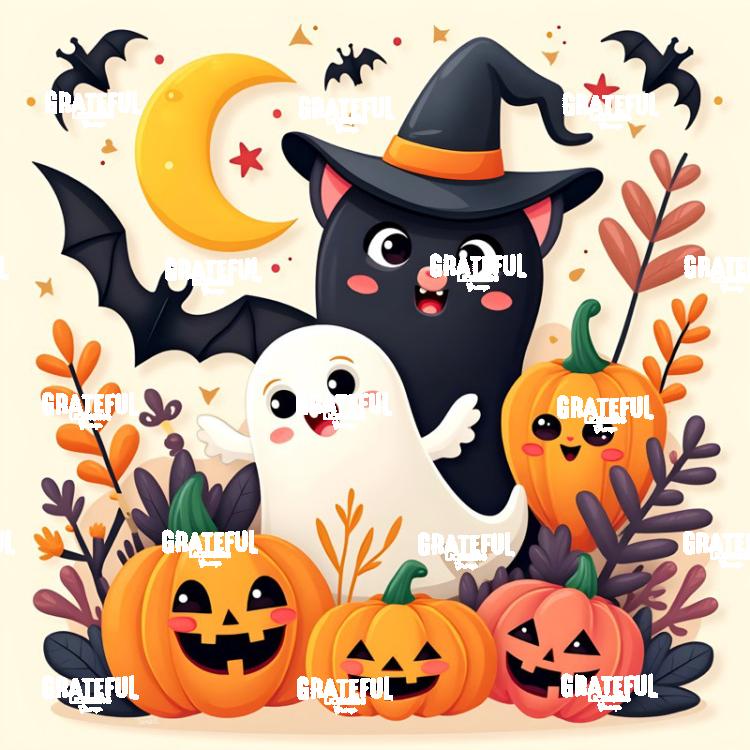 Cute Witchy Black Cat and Ghost With Pumpkins