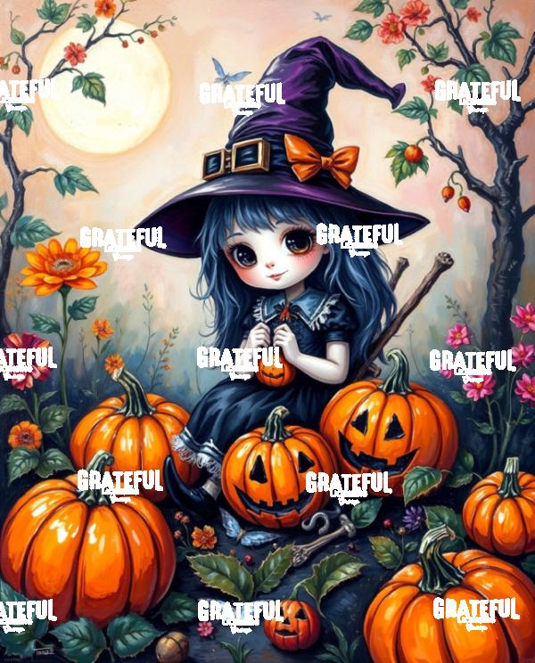 Little Witch With Jack O Lanterns and Autumn Flowers