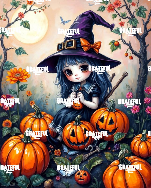 Little Witch With Jack O Lanterns and Autumn Flowers