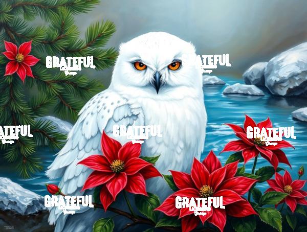 Snowy Owl With Poinsettias