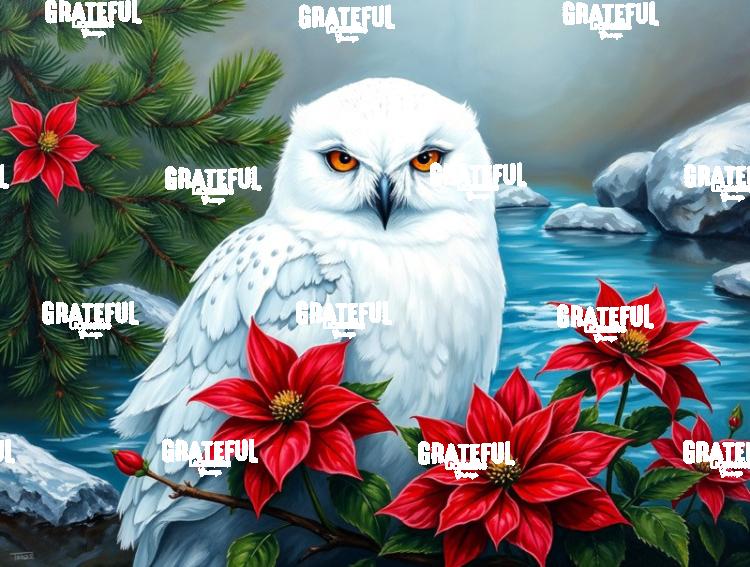 Snowy Owl With Poinsettias
