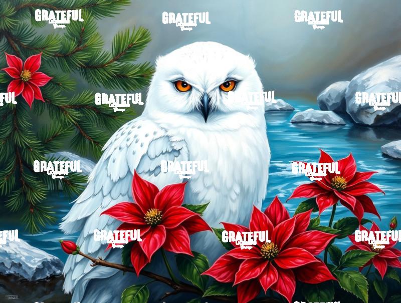 Snowy Owl With Poinsettias
