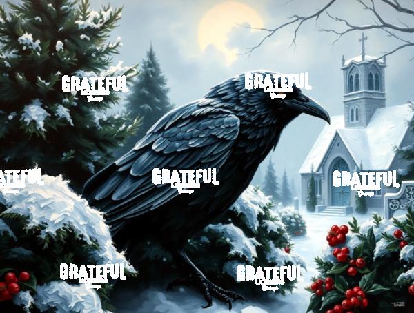 Christmas Raven In A Snowy Churchyard