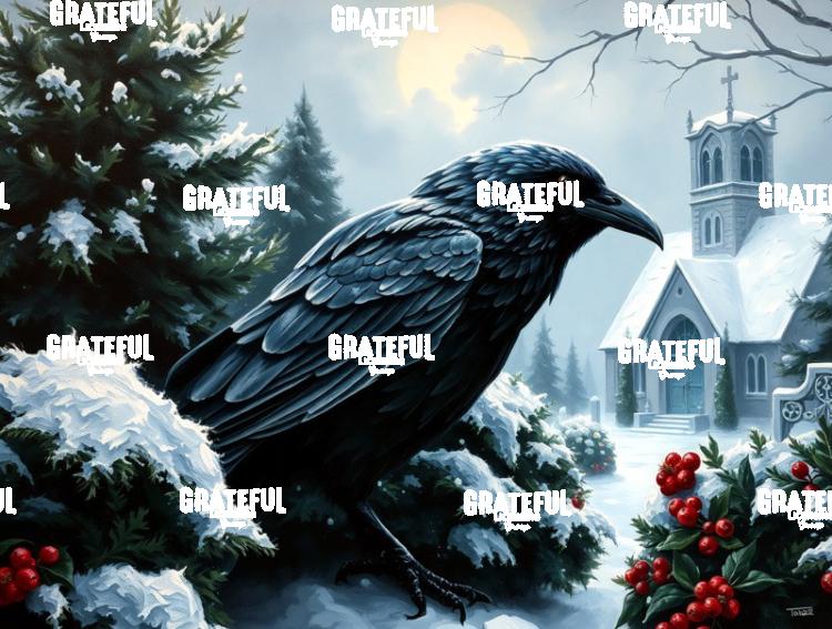 Christmas Raven In A Snowy Churchyard