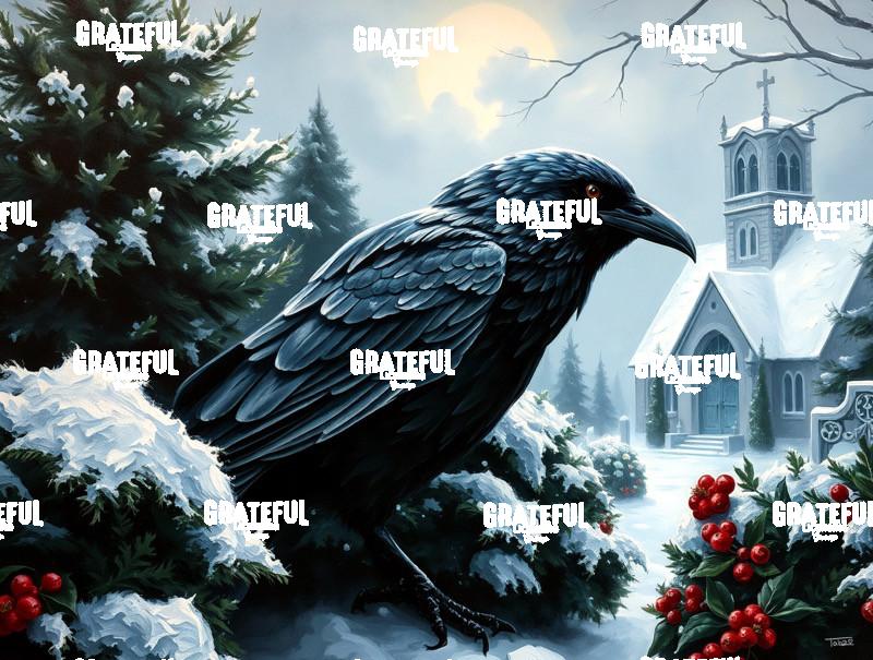Christmas Raven In A Snowy Churchyard