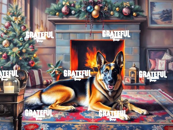 Holiday German Shepherd by The Fire