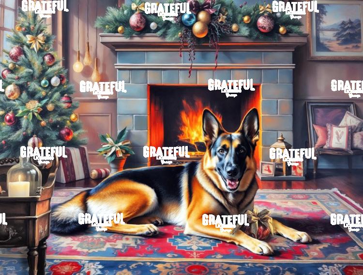 Holiday German Shepherd by The Fire