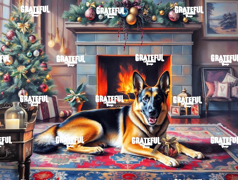 Holiday German Shepherd by The Fire