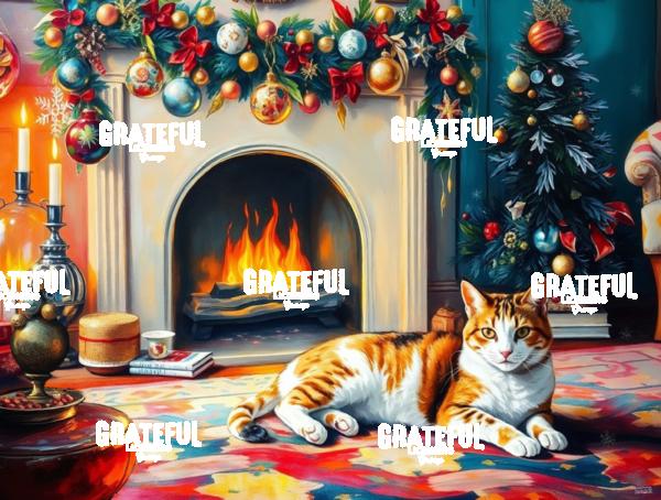 Holiday Calico Cat by The Fire