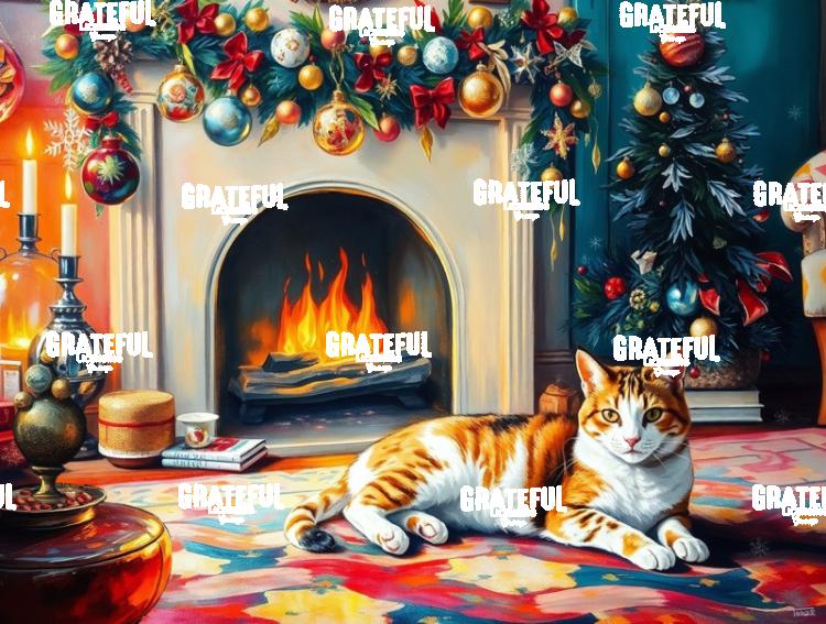 Holiday Calico Cat by The Fire
