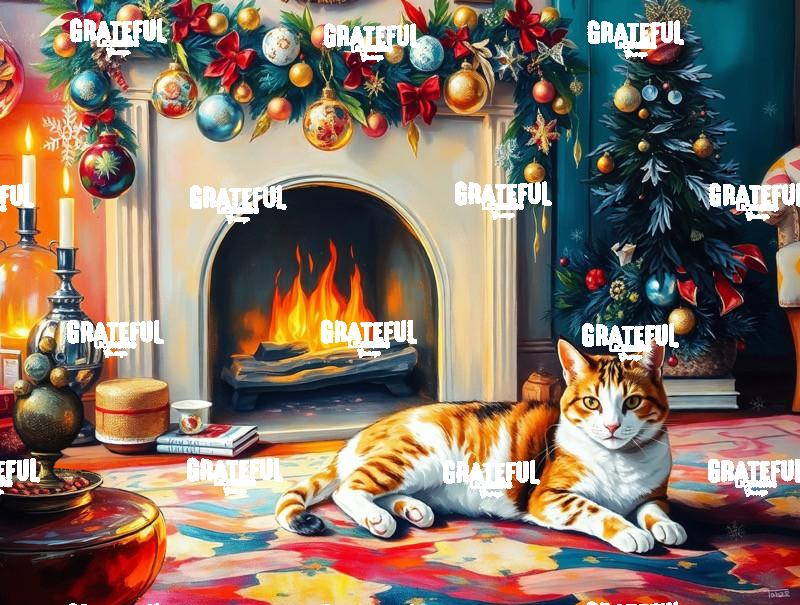 Holiday Calico Cat by The Fire