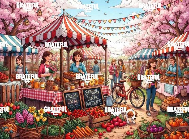 Colorful Farmers Market With Striped Stalls and Pennant Flags