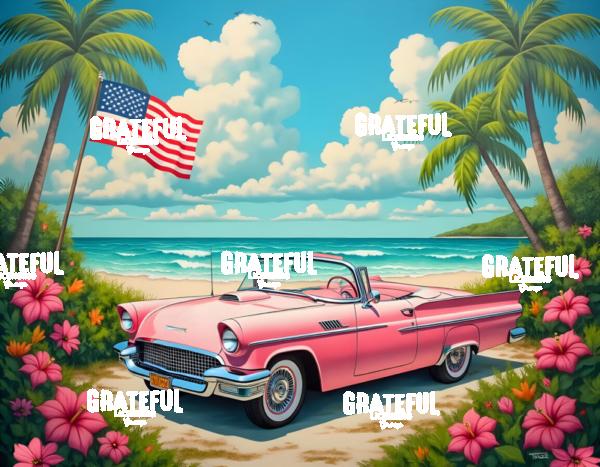 Classic Car With American Flag Vintage Beach