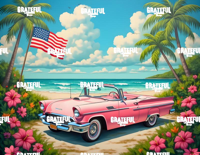 Classic Car With American Flag Vintage Beach