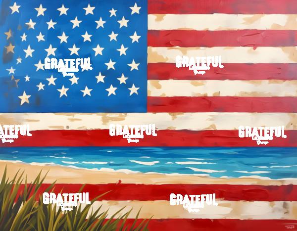 Vintage American Flag Beach Landscape