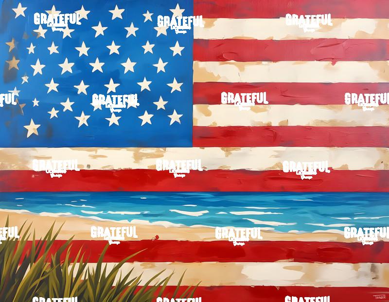 Vintage American Flag Beach Landscape