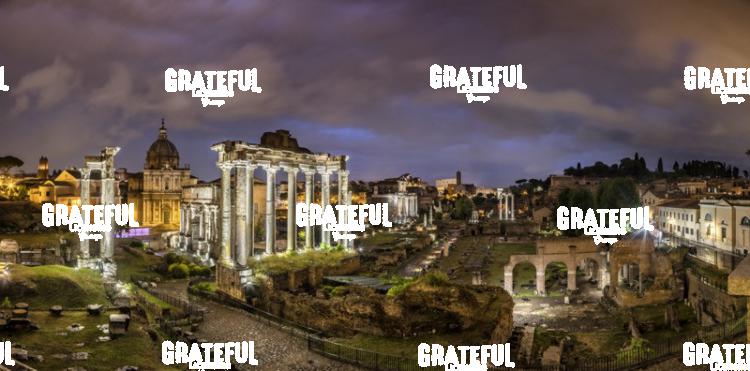 Ancient ruins of the Roman Forum after dark