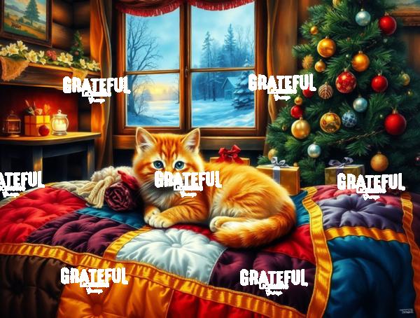 Christmas Kitten On A Quilt