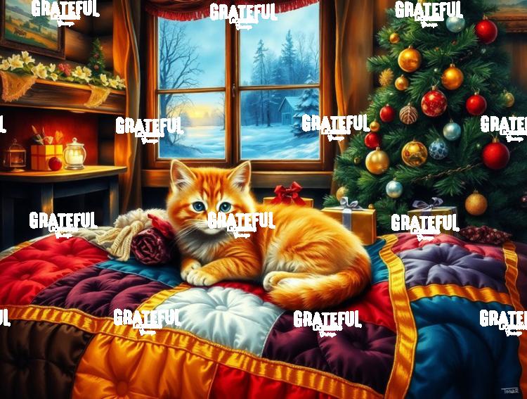 Christmas Kitten On A Quilt