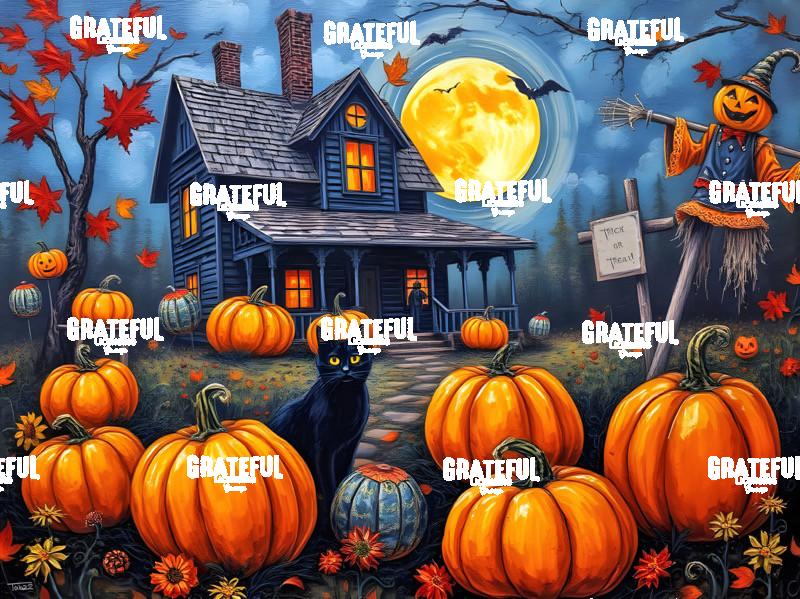 Trick Or Treat Scarecrow and Black Cat