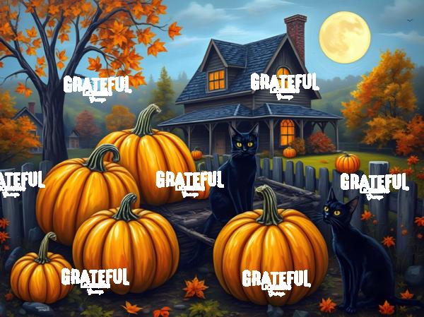 Two Black Cats with Pumpkins