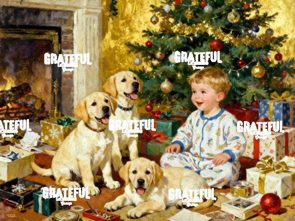 Toddler and Puppies Christmas Morning