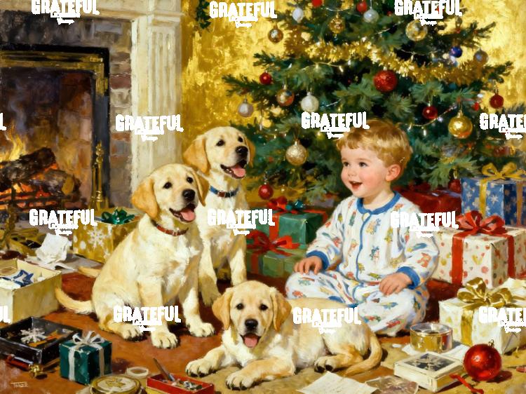 Toddler and Puppies Christmas Morning