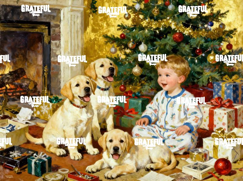 Toddler and Puppies Christmas Morning