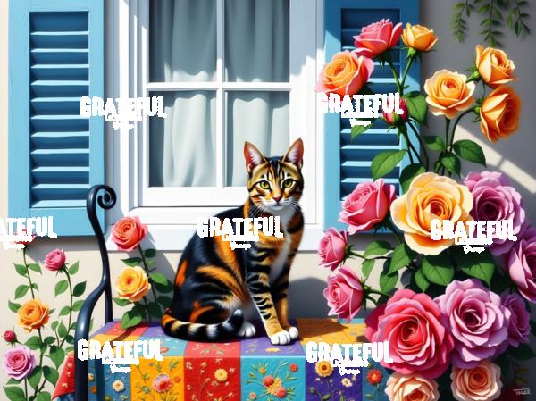 Calico Cat on a Quilt With Roses