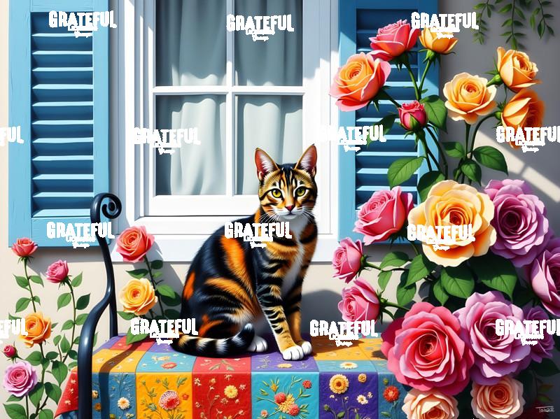 Calico Cat on a Quilt With Roses