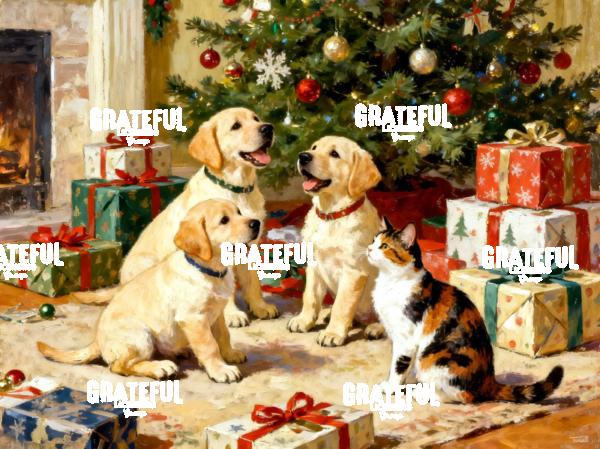 Calico Cat and Puppies Christmas Morning