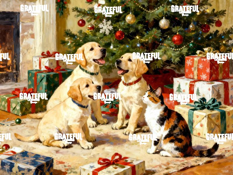 Calico Cat and Puppies Christmas Morning