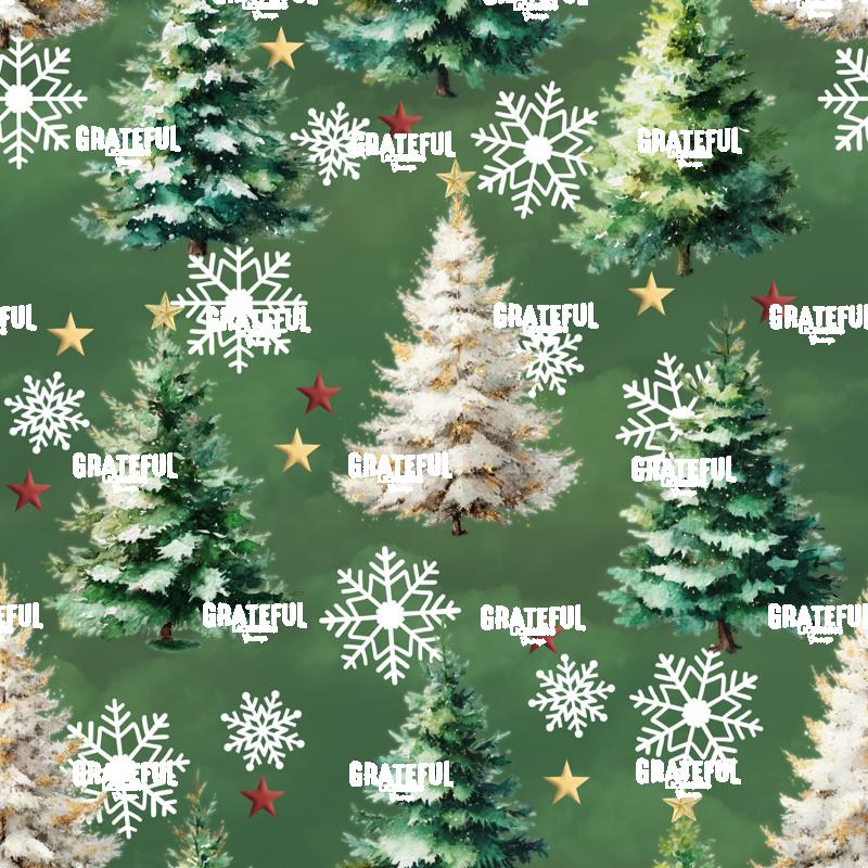 Christmas Trees and Snowflakes Repeating Pattern, Dark Green
