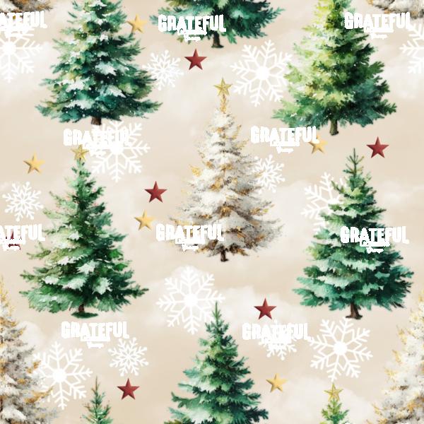Christmas Trees and Snowflakes Repeating Pattern, Beige
