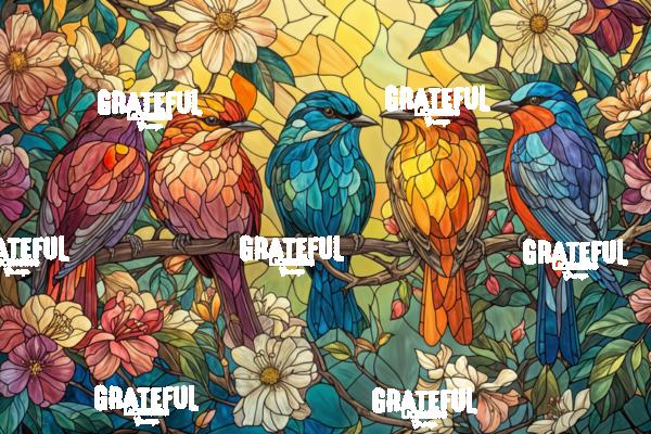 Colorful Birds on a Branch with Flowers, Stained Glass 2