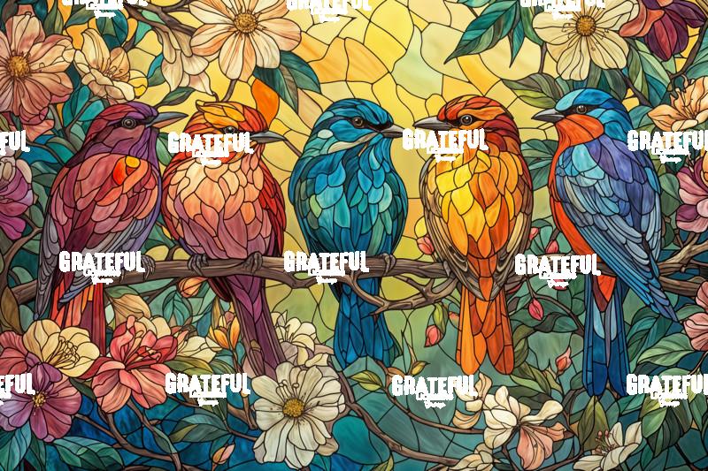 Colorful Birds on a Branch with Flowers, Stained Glass 2