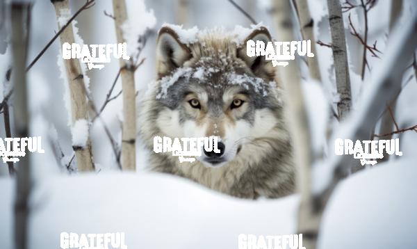 Gray wolf with roost in the snow