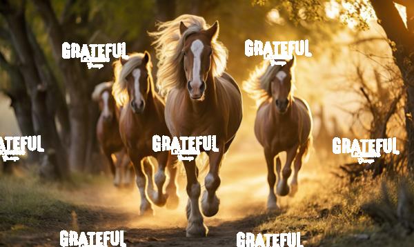 Horses running on dusty road at sunset