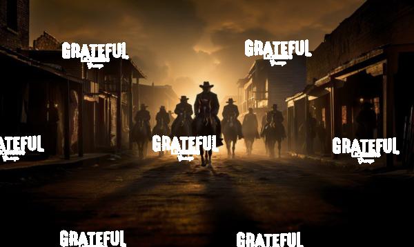 outlaws riding into western town at sunset