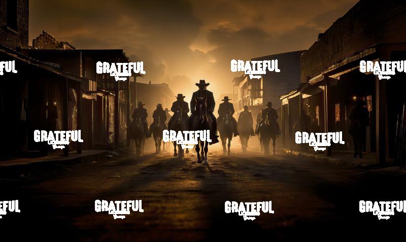 outlaws riding into western town at sunset