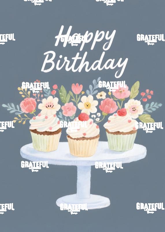 Cherry Florals Birthday Cupcakes Blue Background