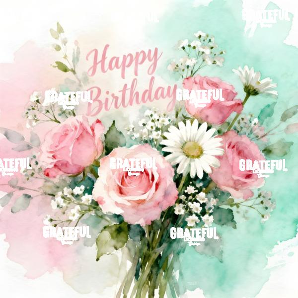 Pink and Green Watercolor Birthday Roses