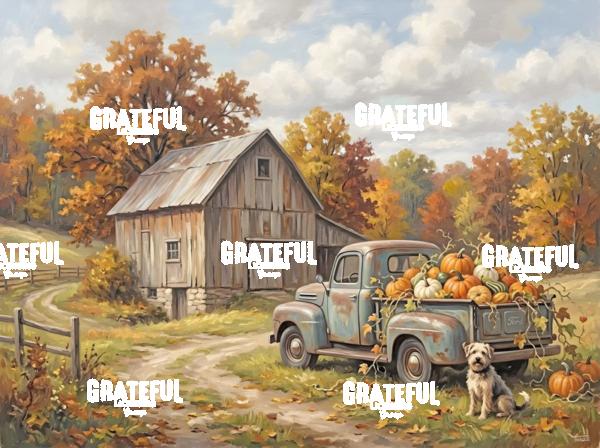 Oil Painting Autumn Pumpkins and Truck