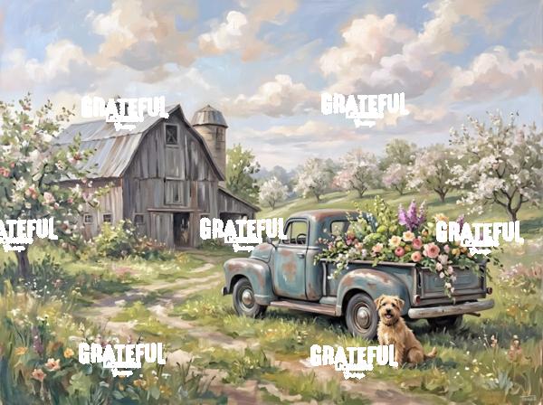 Oil Painting Spring Orchard and Truck