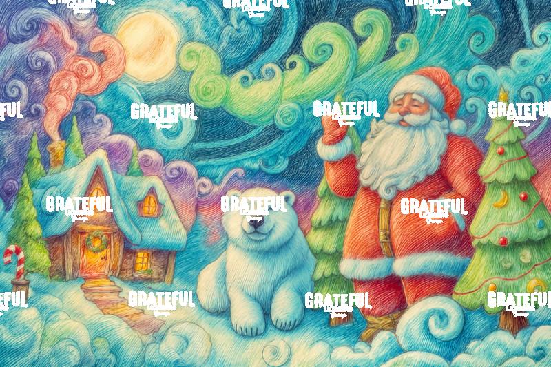 Colored Pencil Christmas, Santa and a Polar Bear